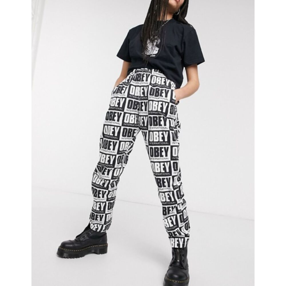 Obey Worldwide Splash Black White Pull On Drawstring Straight Leg Pocket Pant S